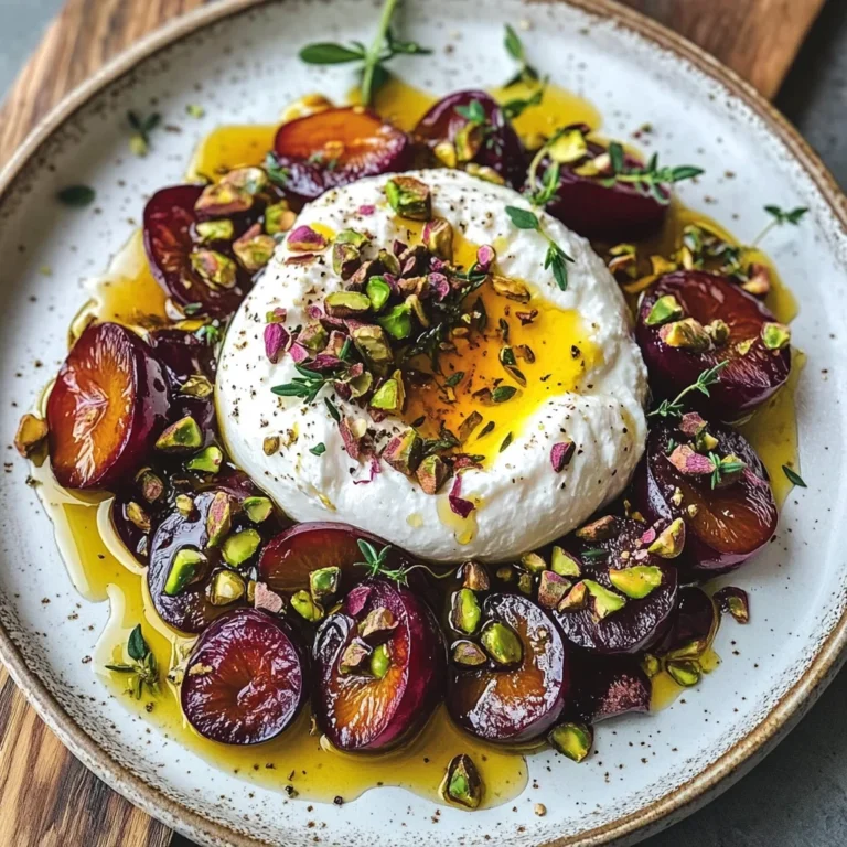 Burrata with Roasted Plums, Pistachios & Thyme