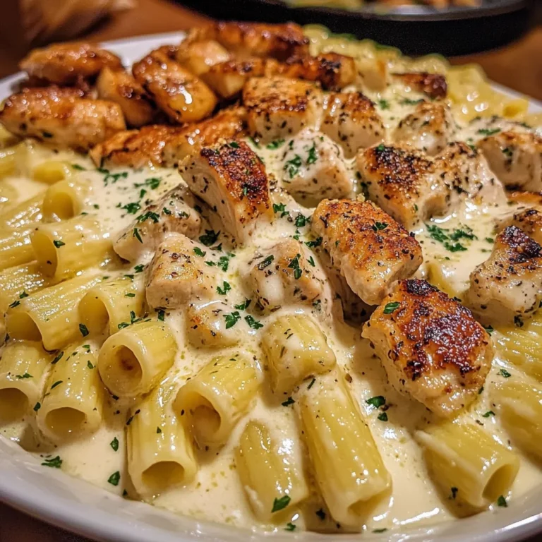 Cheesy Chicken Alfredo Rigatoni in Garlic Butter Sauce