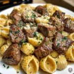 Creamy Garlic Parmesan Steak Bites with Shell Pasta