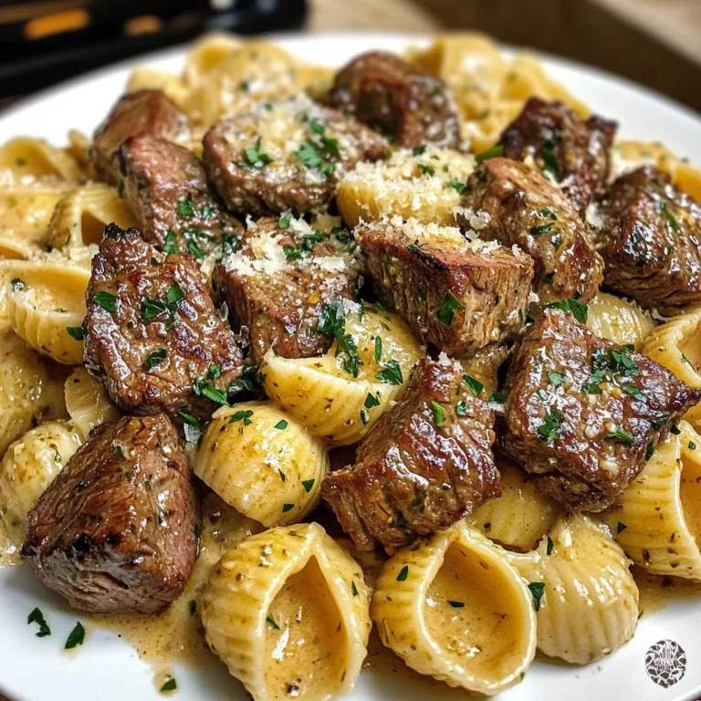 Creamy Garlic Parmesan Steak Bites with Shell Pasta