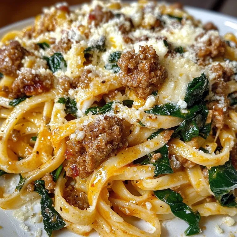 Garlic Butter Cheesy Linguine with Beef, Sausage and Spinach