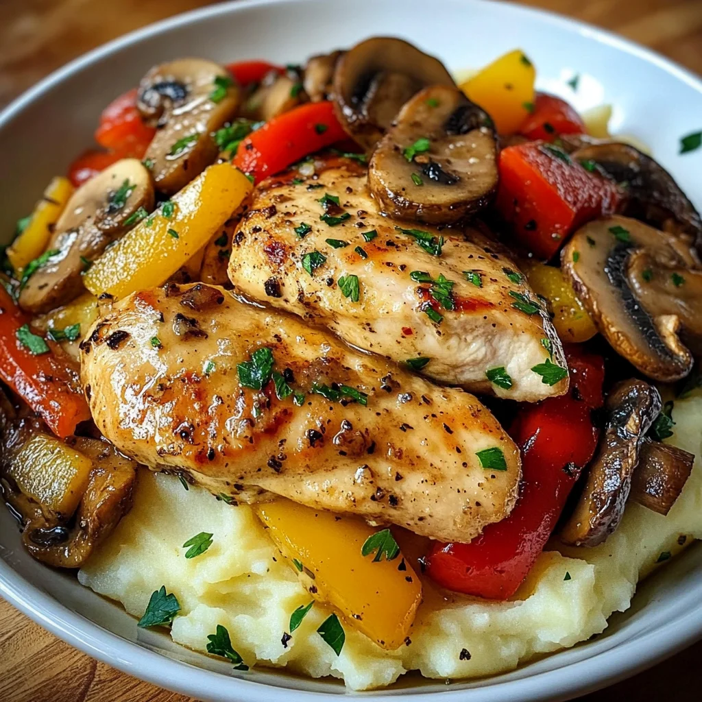Garlic Butter Chicken with Mushrooms, Peppers & Mashed Potatoes