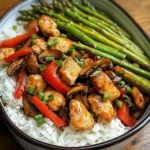 Garlic Chicken & Mushroom Stir-Fry with Asparagus & Rice
