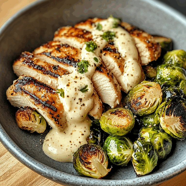 Grilled Chicken & Brussels Sprouts Bowl with Creamy Garlic-Parmesan Sauce