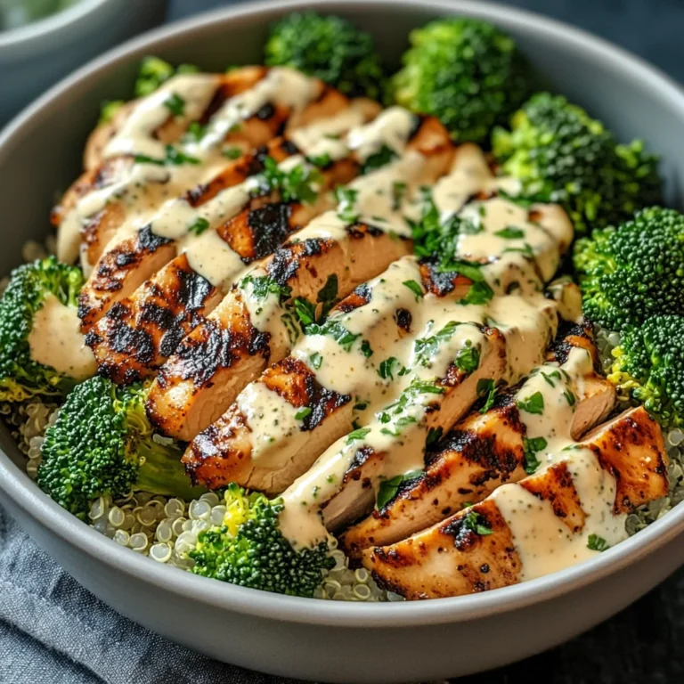 Grilled Chicken & Broccoli Bowls with Creamy Garlic Sauce