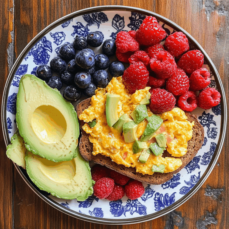 Colorful Breakfast Plate with Scrambled Eggs, Avocado, PB&J Toast & Fresh Berries