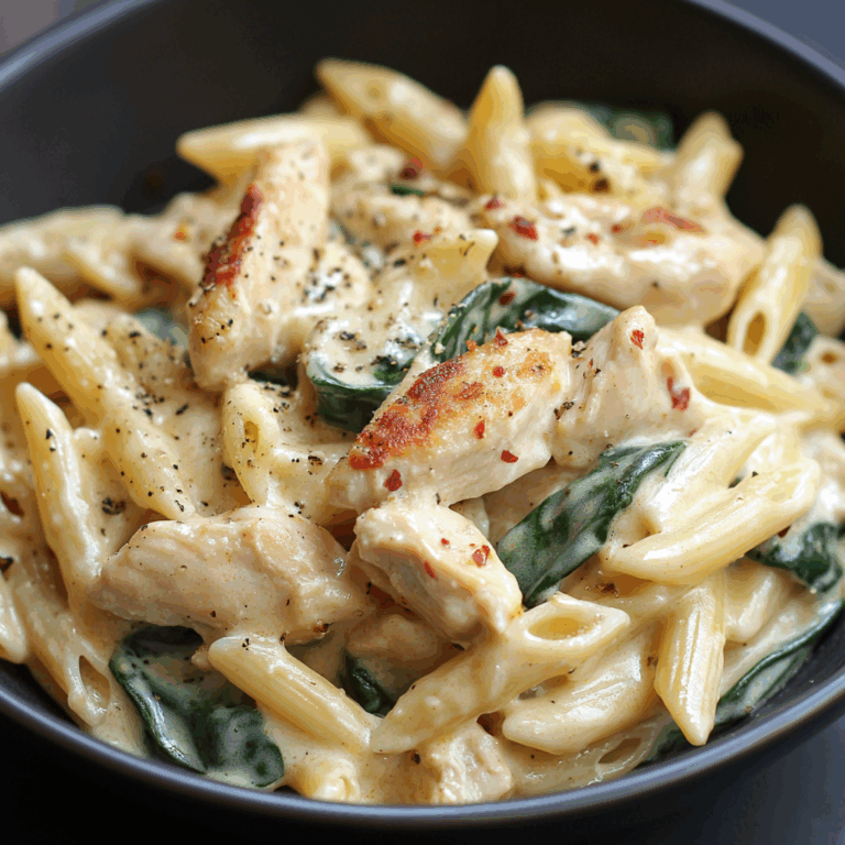 Creamy Garlic Chicken Turkey Bacon Penne with Spinach