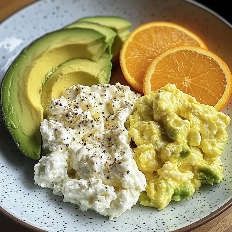 Avocado, Scrambled Eggs & Cottage Cheese Plate with Fresh Orange