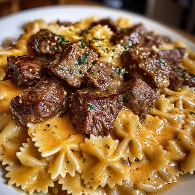 Beef and Bowtie Pasta in Cheddar Sauce