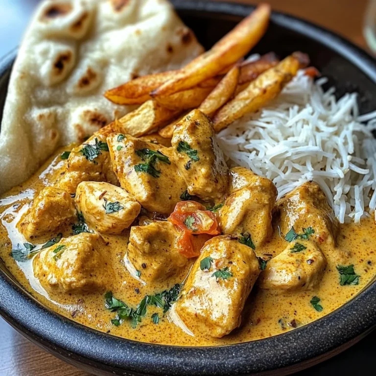 Coconut Chicken Curry with Crispy Fries and Warm Naan