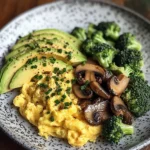 Creamy Scrambled Eggs with Avocado, Sautéed Mushrooms & Broccoli