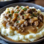 Delicious chicken hamburger Gravy Over Mashed Potatoes