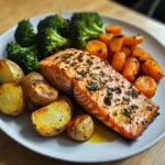 Garlic-Herb Salmon with Roasted Potatoes, Glazed Carrots & Broccoli