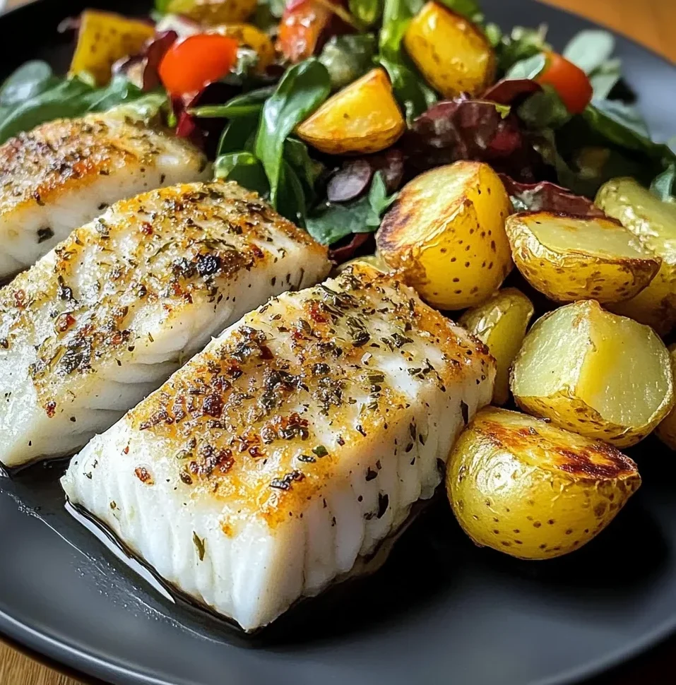 Pan-Seared White Fish with Herbed Baby Potatoes & Garden Salad