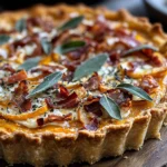 Pumpkin, Ricotta & Caramelized Onion Tart with Turkey Bacon and Sage