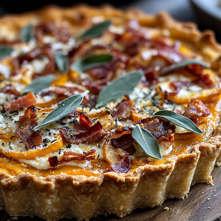 Pumpkin, Ricotta & Caramelized Onion Tart with Turkey Bacon and Sage