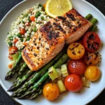 Seared Salmon with Asparagus, Cherry Tomatoes & Cauliflower Rice