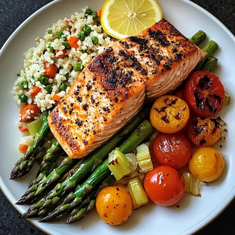 Seared Salmon with Asparagus, Cherry Tomatoes & Cauliflower Rice
