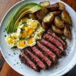 Steak, Cheesy Scrambled Eggs & Herb Potatoes