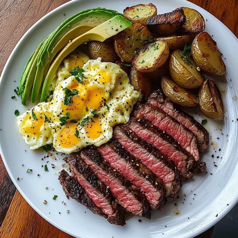 Steak, Cheesy Scrambled Eggs & Herb Potatoes