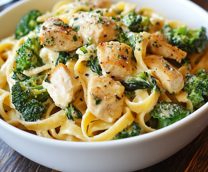 Chicken turkey Bacon Alfredo Fettuccine with Broccoli