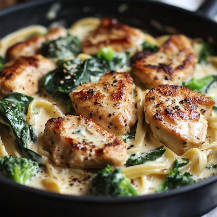 Decadent Garlic Butter Chicken Alfredo with Spinach, turkey  Bacon & Broccoli